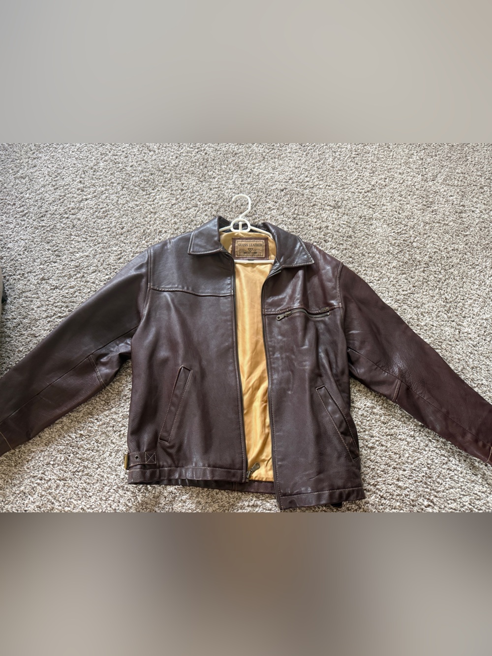 Guess Men's Dark Brown Leather Bomber Jacket with Tan Lining
